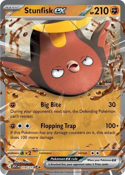 Pokémon card: Stunfisk ex 114/217 from Ascended Heroes (Double Rare), Fighting type, front of card