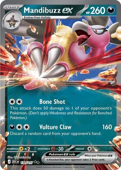 Pokémon card: Mandibuzz ex 139/217 from Ascended Heroes (Double Rare), Darkness type, front of card