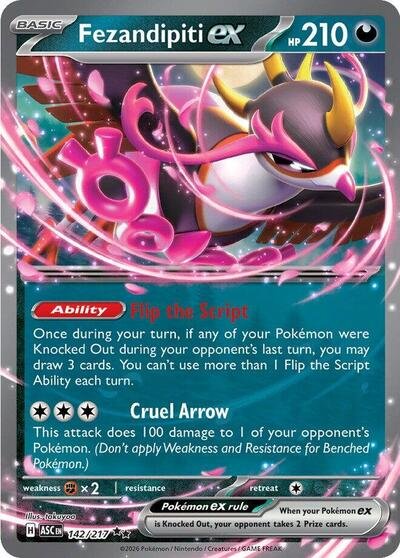 Pokémon card: Fezandipiti ex 142/217 from Ascended Heroes (Double Rare), Darkness type, front of card