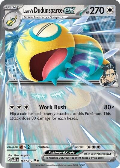 Pokémon card: Larry's Dudunsparce ex 164/217 from Ascended Heroes (Double Rare), Colorless type, front of card