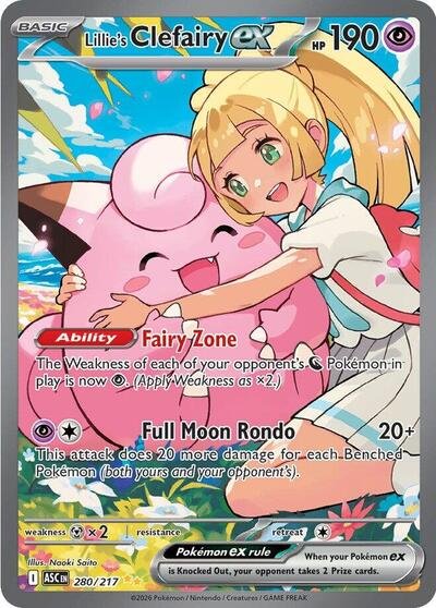 Pokémon card: Lillie's Clefairy ex 280/217 from Ascended Heroes (Special Illustration Rare), Psychic type, front of card