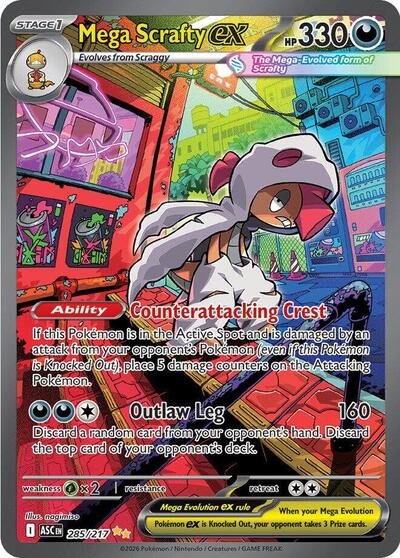 Pokémon card: Mega Scrafty ex 285/217 from Ascended Heroes (Special Illustration Rare), Darkness type, front of card