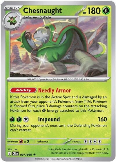Pokémon card: Chesnaught 007/086 from Chaos Rising (Rare), Grass type, front of card