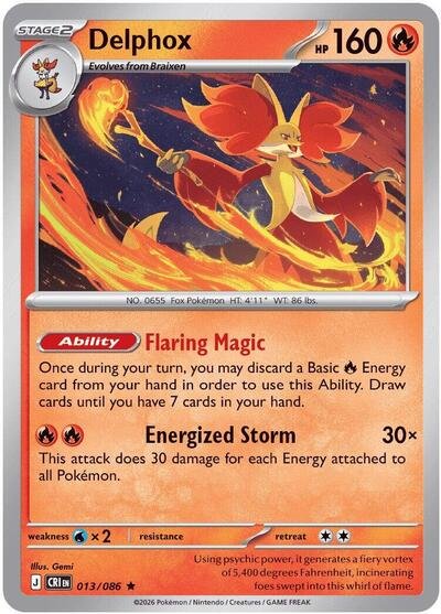 Pokémon card: Delphox 013/086 from Chaos Rising (Rare), Fire type, front of card