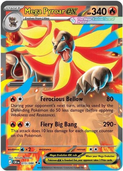 Pokémon card: Mega Pyroar ex 015/086 from Chaos Rising (Double Rare), Fire type, front of card