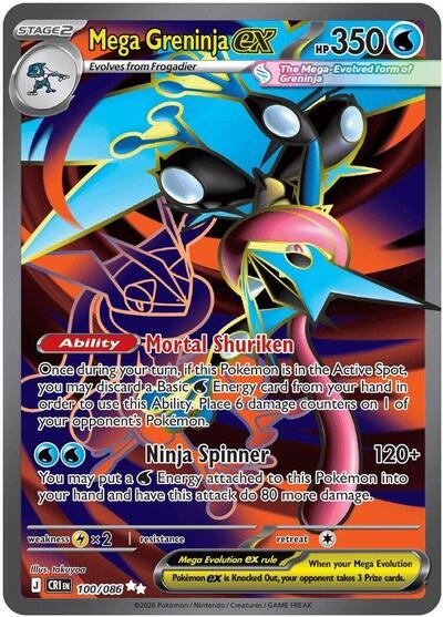 Pokémon card: Mega Greninja ex 100/086 from Chaos Rising (Ultra Rare), Water type, front of card
