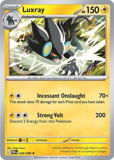 Pokémon card: Luxray 028/088 from Perfect Order (Rare), Lightning type, front of card