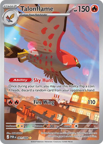 Pokémon card: Talonflame 091/088 from Perfect Order (Illustration Rare), Fire type, front of card