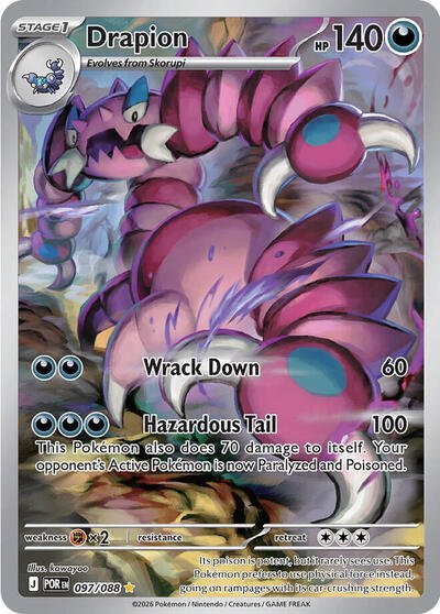 Pokémon card: Drapion 097/088 from Perfect Order (Illustration Rare), Darkness type, front of card
