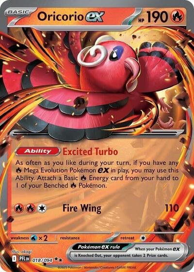 Pokémon card: Oricorio ex 018/094 from Phantasmal Flames (Double Rare), Fire type, front of card
