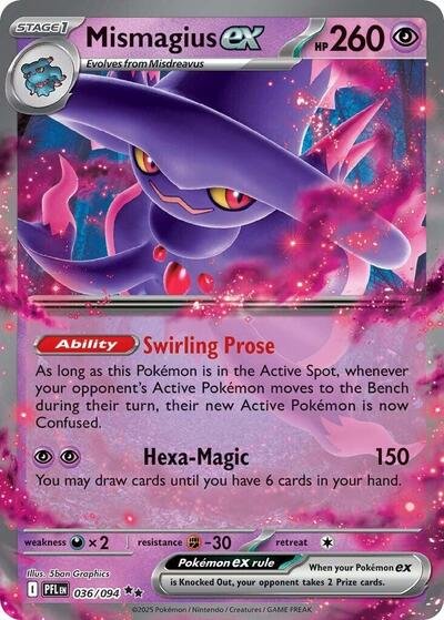 Pokémon card: Mismagius ex 036/094 from Phantasmal Flames (Double Rare), Psychic type, front of card