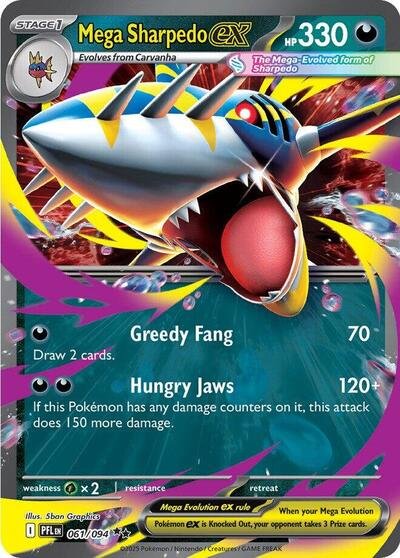 Pokémon card: Mega Sharpedo ex 061/094 from Phantasmal Flames (Double Rare), Darkness type, front of card