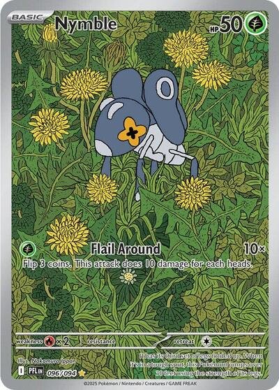 Pokémon card: Nymble 096/094 from Phantasmal Flames (Illustration Rare), Grass type, front of card
