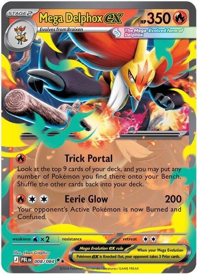 Pokémon card: Mega Delphox ex 008/084 from Pitch Black (Double Rare), Fire type, front of card