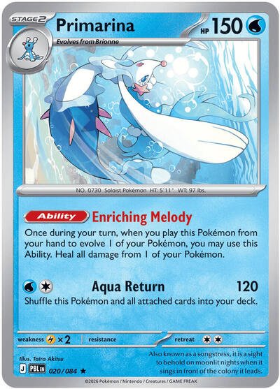 Pokémon card: Primarina 020/084 from Pitch Black (Rare), Water type, front of card
