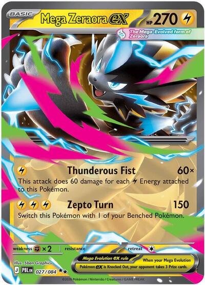 Pokémon card: Mega Zeraora ex 027/084 from Pitch Black (Double Rare), Lightning type, front of card