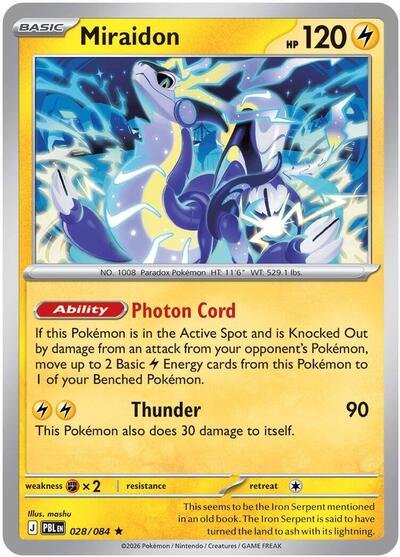 Pokémon card: Miraidon 028/084 from Pitch Black (Rare), Lightning type, front of card