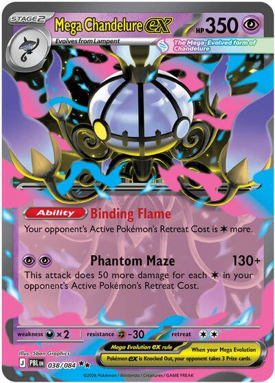 Pokémon card: Mega Chandelure ex 038/084 from Pitch Black (Double Rare), Psychic type, front of card