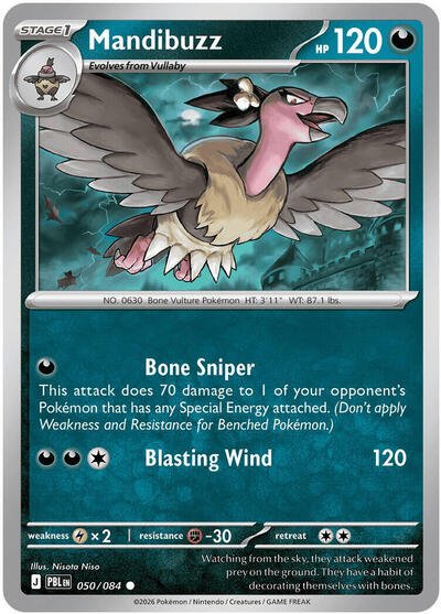 Pokémon card: Mandibuzz 050/084 from Pitch Black (Common), Darkness type, front of card