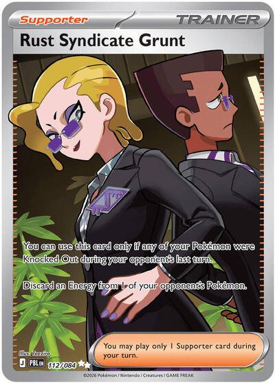 Pokémon card: Rust Syndicate Grunt 112/084 from Pitch Black (Ultra Rare), front of card