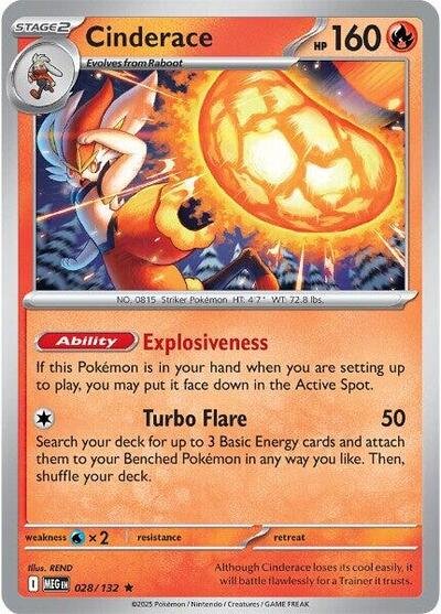 Pokémon card: Cinderace 028/132 from Mega Evolution base set (Rare), Fire type, front of card