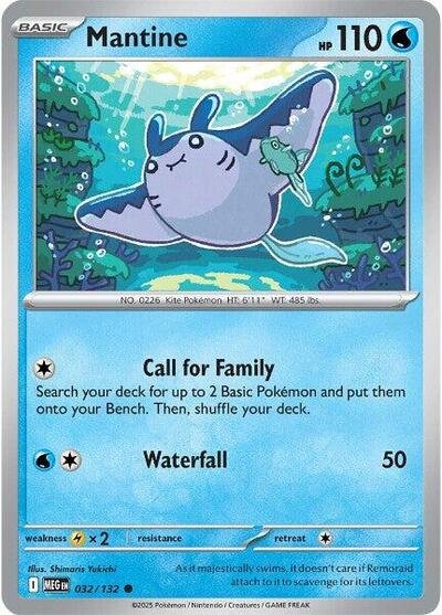 Pokémon card: Mantine 032/132 from Mega Evolution base set (Common), Water type, front of card