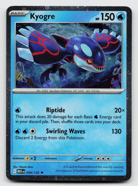 Pokémon card: Kyogre Rare (Cosmos Holofoil Promo) 034/132 from Mega Evolution base set (Rare), Water type, front of card