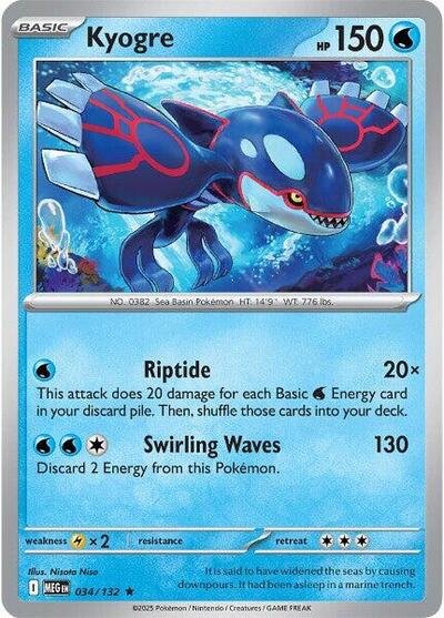 Pokémon card: Kyogre 034/132 from Mega Evolution base set (Rare), Water type, front of card