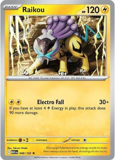 Pokémon card: Raikou 048/132 from Mega Evolution base set (Rare), Lightning type, front of card