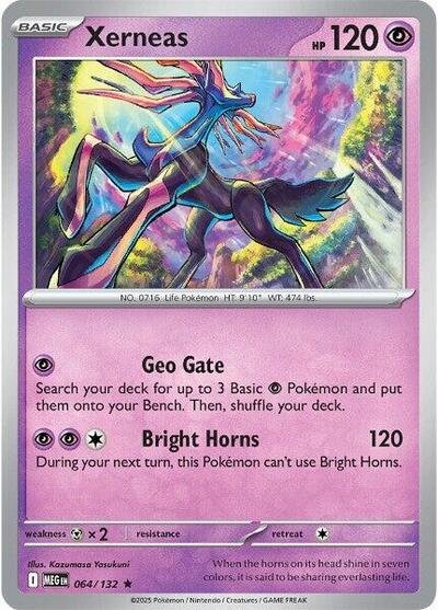 Pokémon card: Xerneas 064/132 from Mega Evolution base set (Rare), Psychic type, front of card