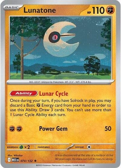 Pokémon card: Lunatone 074/132 from Mega Evolution base set (Rare), Fighting type, front of card