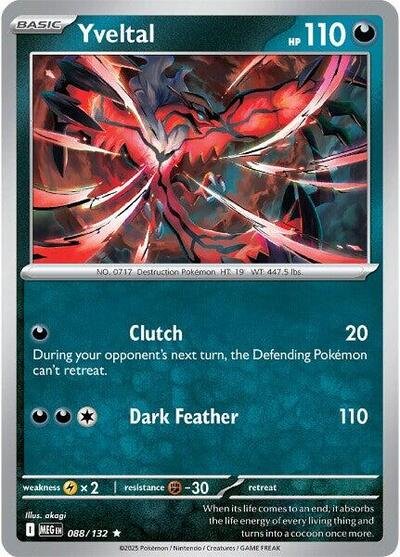 Pokémon card: Yveltal 088/132 from Mega Evolution base set (Rare), Darkness type, front of card
