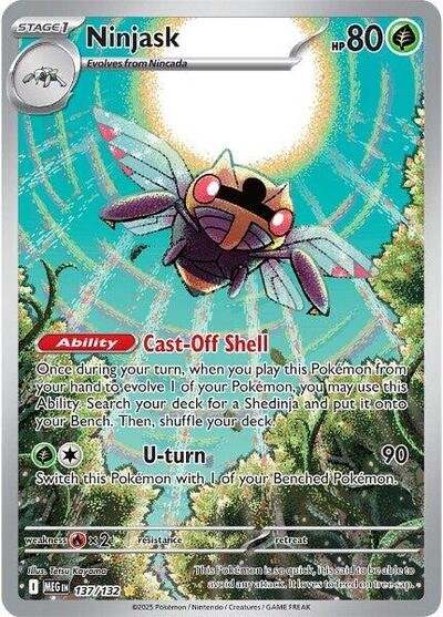 Pokémon card: Ninjask 137/132 from Mega Evolution base set (Illustration Rare), Grass type, front of card