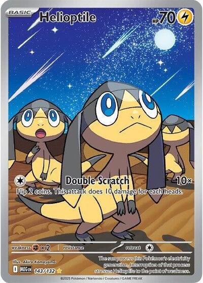 Pokémon card: Helioptile 143/132 from Mega Evolution base set (Illustration Rare), Lightning type, front of card