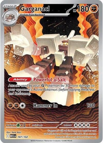 Pokémon card: Garganacl 147/132 from Mega Evolution base set (Illustration Rare), Fighting type, front of card