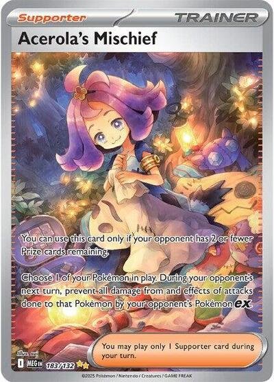 Pokémon card: Acerola's Mischief 183/132 from Mega Evolution base set (Special Illustration Rare), front of card