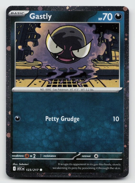 Pokémon card: Gastly Common (Cosmos Holofoil Promo) 123/217 from Ascended Heroes (Common), Darkness type, front of card