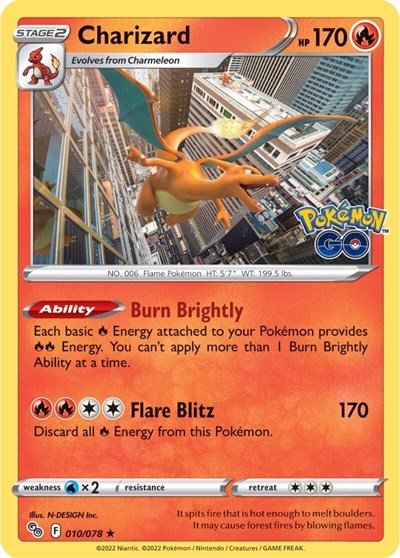 Pokémon card: Charizard 010/078 from Pokemon GO (Holo Rare), Fire type, front of card