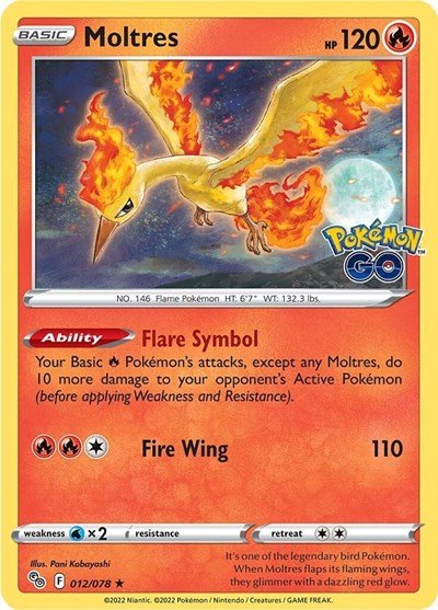 Pokémon card: Moltres 012/078 from Pokemon GO (Holo Rare), Fire type, front of card