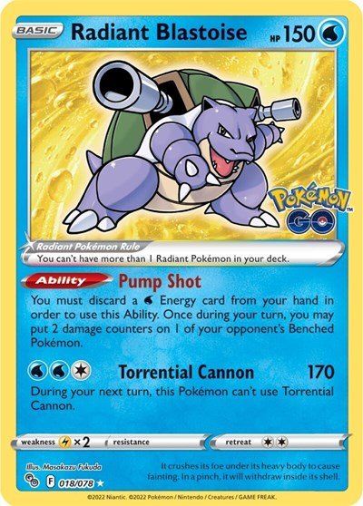 Pokémon card: Radiant Blastoise 018/078 from Pokemon GO (Radiant Rare), Water type, front of card