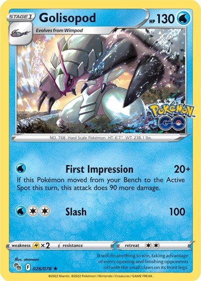 Pokémon card: Golisopod 026/078 from Pokemon GO (Holo Rare), Water type, front of card