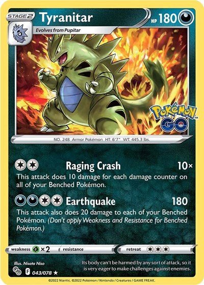 Pokémon card: Tyranitar 043/078 from Pokemon GO (Holo Rare), Darkness type, front of card