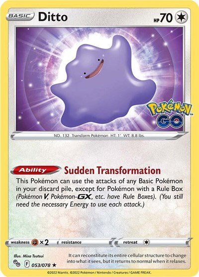 Pokémon card: Ditto 053/078 from Pokemon GO (Holo Rare), Colorless type, front of card