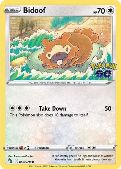 Pokémon card: Bidoof 059/078 from Pokemon GO (Common), Colorless type, front of card