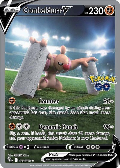 Pokémon card: Conkeldurr V (Alternate Full Art) 074/078 from Pokemon GO (Ultra Rare), Fighting type, front of card