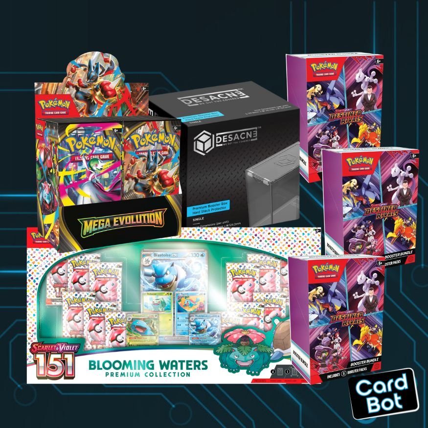 Pokémon TCG October 2025 English Bundle (Mega Evolution, 151 Blooming Waters, Destined Rivals), sealed product, front of box