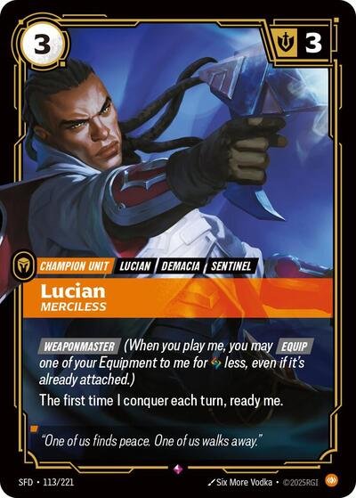 Riftbound card: Lucian - Merciless 113/221 from Spiritforged (Rare), front of card