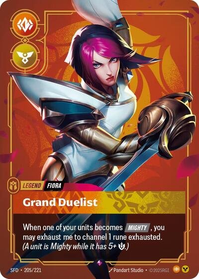 Riftbound card: Fiora - Grand Duelist 205/221 from Spiritforged (Rare), front of card