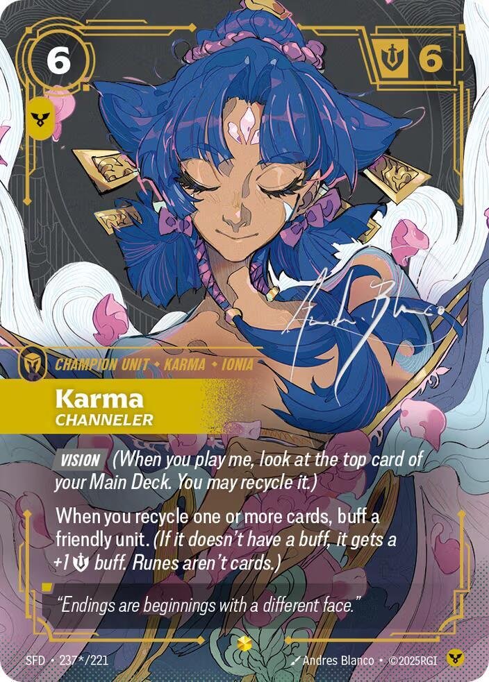 Riftbound card: 237*/221 Karma - Channeler (Signature) from Spiritforged (Showcase), front of card