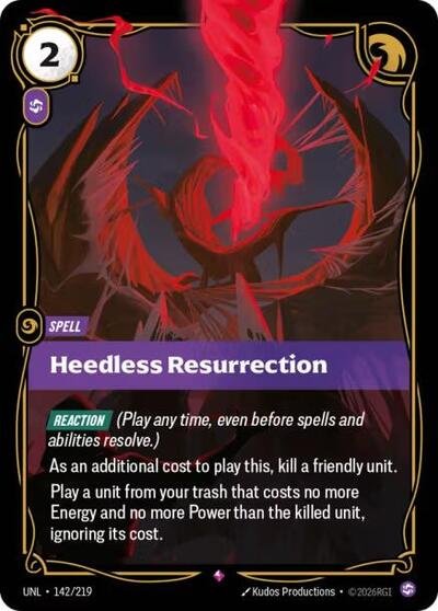 Riftbound card: Heedless Resurrection 142/219 from Unleashed (Rare), front of card